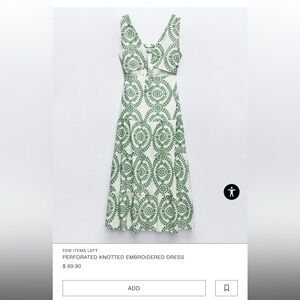 Zara Knotted Embroidered Dress Green White NWT L Sold Out